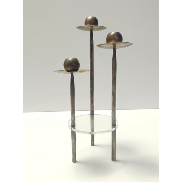 Vintage Silver-Plated Brass and Acrylic Glass Candleholder by Mesa, Italy, 1970s For Sale - Image 4 of 12