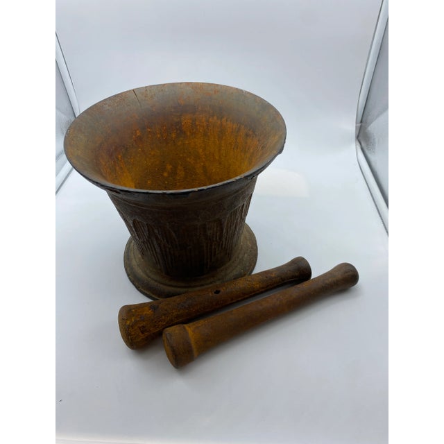 Large Antique Cast Iron Mortar & Two Pestles - 3 Piece Set For Sale In Portland, OR - Image 6 of 9