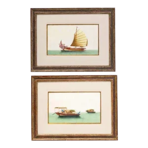 Chinese Export Pith Paper Watercolor Paintings of Boats, Finely Framed- a Pair