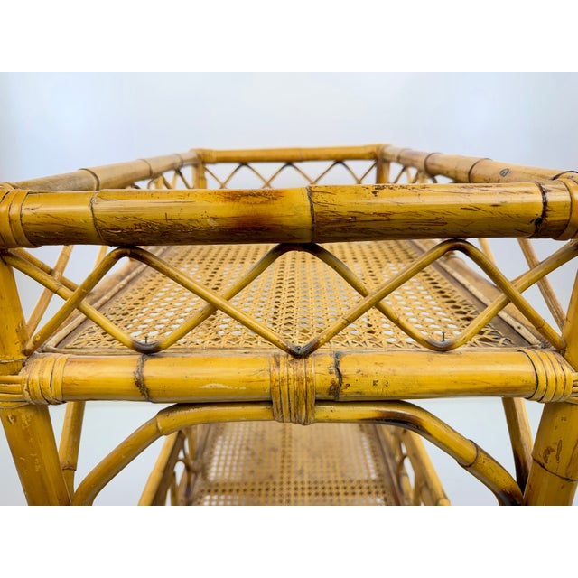 Vintage Bamboo and Cane Two-Tier Bar Cart With Brass Casters For Sale In Little Rock - Image 6 of 13