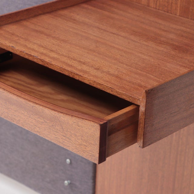 Paul McCobb A Paul McCobb for Calvin Irwin Upholstered King Size Bed Teak Headboard With Brass Trim and Two Floating Drawers, Labeled in Drawer. For Sale - Image 4 of 9