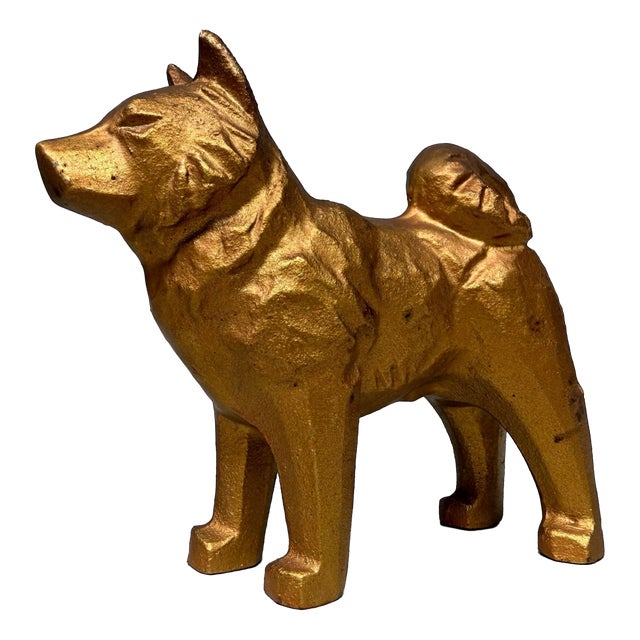 Vintage Gold-Coloured Metal Japanese Dog Statue, 1960s For Sale