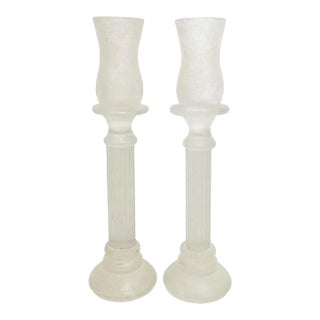 1950 Mid-Century Modern Italian Frosted White Murano Glass Candle Holders For Sale