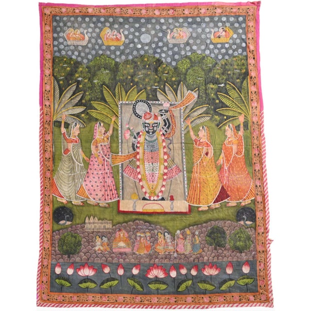 Textile Indian Artist, Pichwai Painting of Shreenath Ji with Gopis, Painting on Cotton For Sale - Image 7 of 7