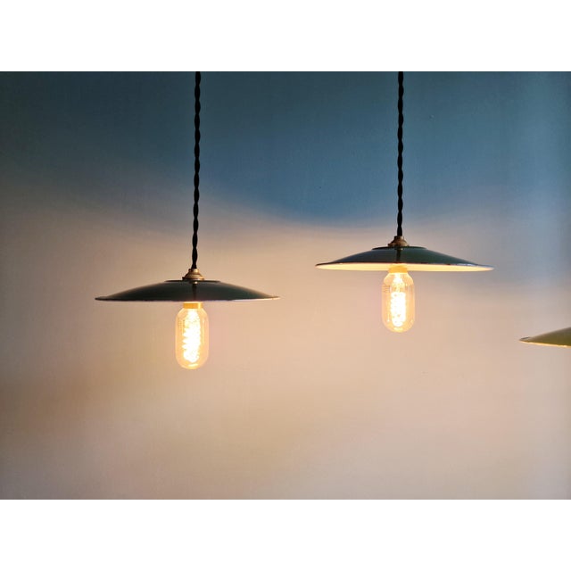 Industrial Pendant Lights in Green Enameled Sheet Metal, 1940s, Set of 3 For Sale - Image 13 of 16