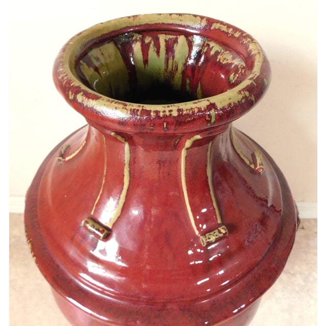 Large 25" Ornate Bombay Red Stoneware Figural Lion Handle Urn Vase For Sale - Image 11 of 17
