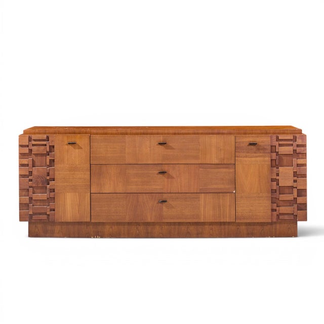 Lane Brutalist Mid Century Walnut Lowboy Dresser This lowboy measures: 80 wide x 20.5 deep x 30.25 inches high Good...