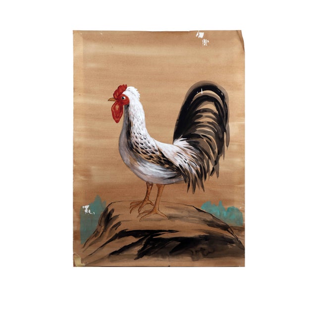 Mid 20th Century Vintage Painting of Rooster on Rock With Black Tail Feathers For Sale - Image 5 of 5