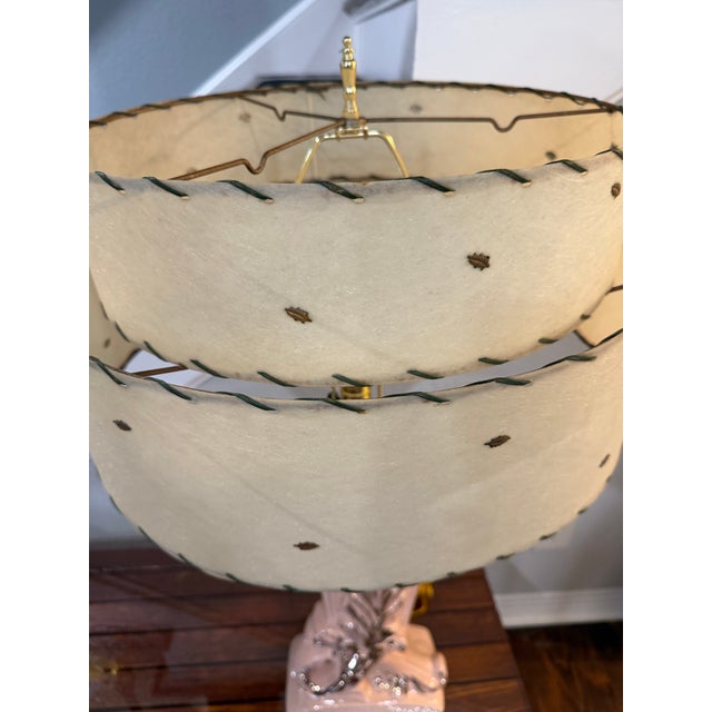 Beautiful Rare 1950/60s MCM Pink and Gold Swirl Leaf Ceramic Table with Matching Original 2 Tiered Fiberglass Shade with...