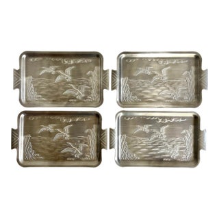 Mid 20th Century Set of 4 Petite Aluminum Silver Japanese Embossed Trays For Sale