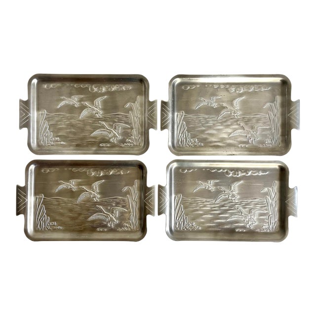 Mid 20th Century Set of 4 Petite Aluminum Silver Japanese Embossed Trays For Sale