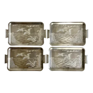 Mid 20th Century Set of 4 Petite Aluminum Silver Japanese Embossed Trays