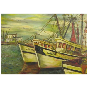 Signed Wpa Style Harborscape Oil on Canvas
