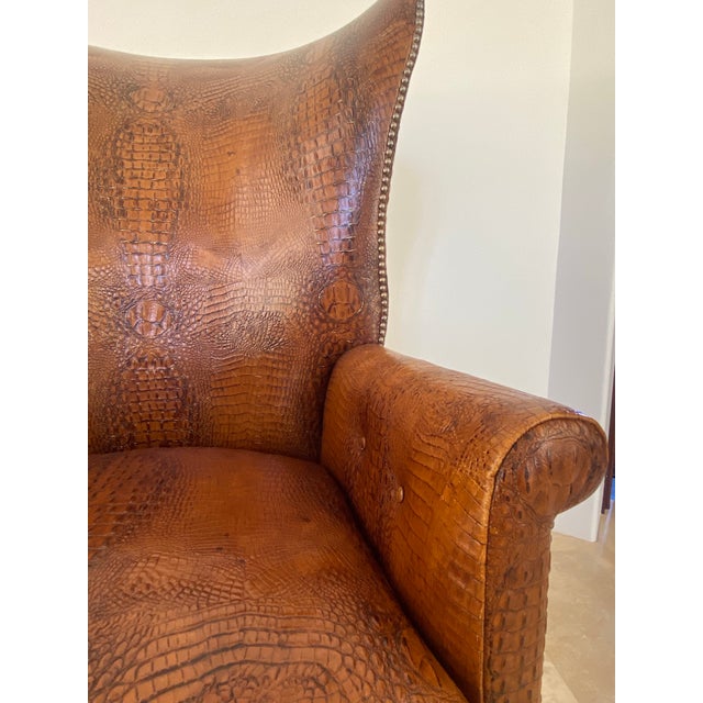 Hollywood Regency Dessin Fournir Crocodile Embossed Leather Wingback Statement Chair For Sale - Image 3 of 11