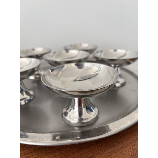 Vintage Sorbet Bowl with Serving Tray in Stainless Steel, 1970s, Set of 7 For Sale - Image 3 of 9