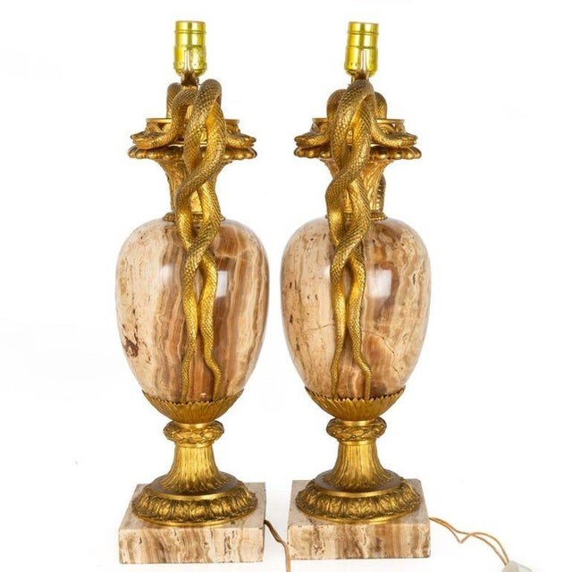 19th Century Pair of French Louis XVI Gilt Bronze Lamps With Snake Handles Circa 1870 For Sale - Image 5 of 12