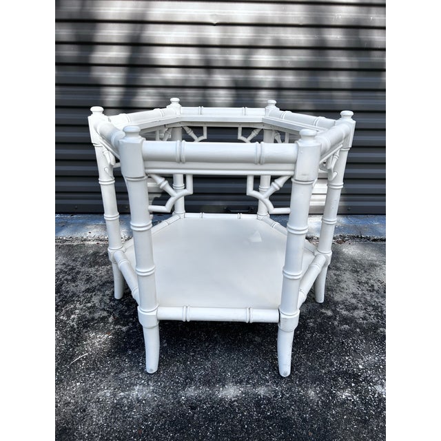 Vintage Allegro White Hexagonal Faux Bamboo Side Table For Sale - Image 4 of 7