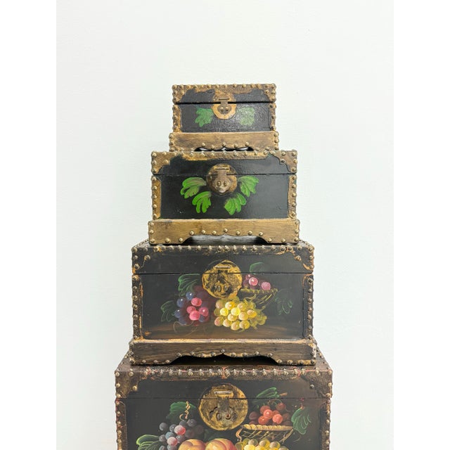 Wood Vintage Hand-Painted Nesting Still Life Storage Boxes – Set of Five For Sale - Image 7 of 12