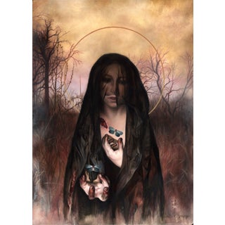 The Knowledge Seeker by Kierstin Young | Oil on masonite panel Woman holding butterflies in a dark landscape. For Sale