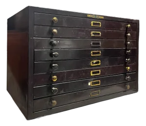 Antique Metal Eight Drawer Watchmaker’s Cabinet or Storage Drawers | E & J Swigart Co + Fancy Crystals B & B