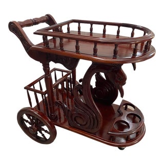 1970s Traditional Hand Carved Indonesian Swan Mahogany Carved Serving Bar Cart For Sale
