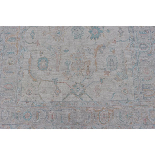 Modern Afghan Oushak Rug in Muted Ivory, Light Blue, and Peach Accents 6'2 X11'9 For Sale - Image 9 of 10