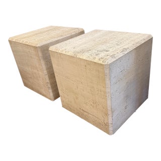 Italian Vintage Travertine Cube Side Tables, Pair For Sale