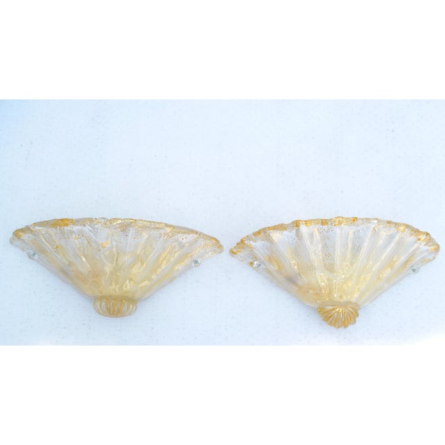 Pair, Clear & Gold Flecks Infused Murano Glass & Brass Sconces Wall Lamps Italy For Sale - Image 13 of 13