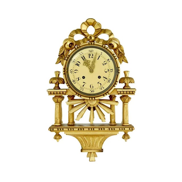 1950s Vintage Swedish Gilt Carved Wood Wall Clock, 1950 For Sale - Image 5 of 5