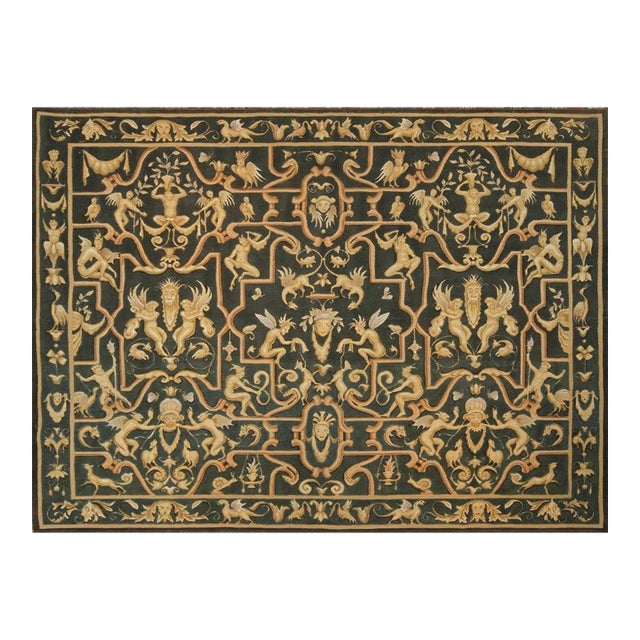 Rug & Kilim’s European Tudor Rug in Black With Gold and Beige Pictorial Patterns For Sale