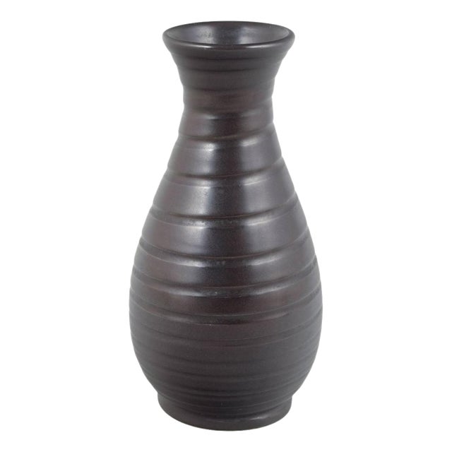 Ceramic Vase with Dark Brown Glaze and Grooved Texture from Bo Fajans, Sweden, 1940s For Sale