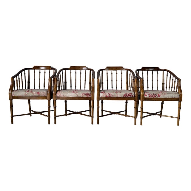 Vintage Drexel Hollywood Regency Faux Bamboo Carved Wood Dining Chairs – Set of 4 For Sale