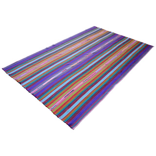 Bright Multi Color Striped Turkish Rug, 5'6x8'6 Authentic Village Kilim, Mid Century Modern Home Decor For Sale - Image 6 of 12