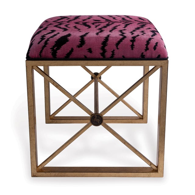 Traditional Scalamandre Maison by Port 68 Medallion Le Tigre Red Single Bench, Gold Frame For Sale - Image 3 of 5
