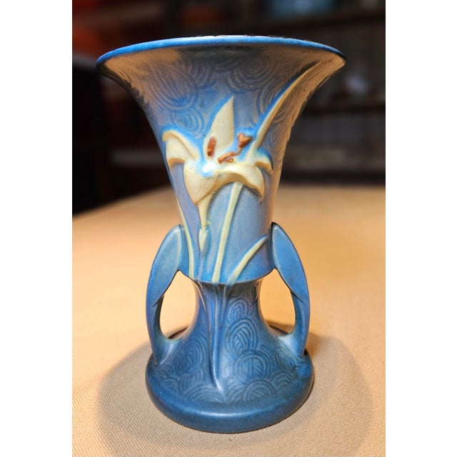 1940s Roseville Pottery Zephyr Blue Lily Vase For Sale - Image 5 of 8