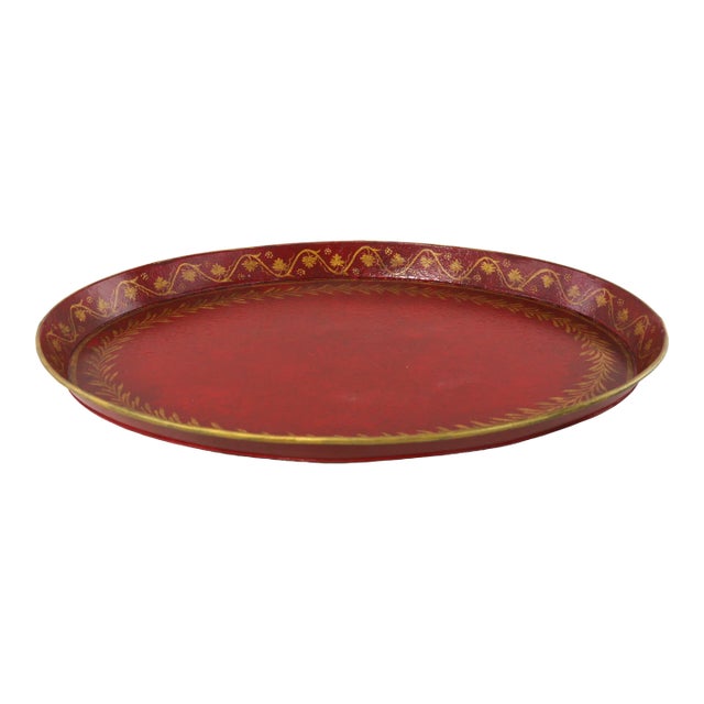 Vintage Handmade Metal Red Tray With Hand-Painted Gold Olive Leaf Wreath For Sale