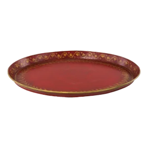 Vintage Handmade Metal Red Tray With Hand-Painted Gold Olive Leaf Wreath