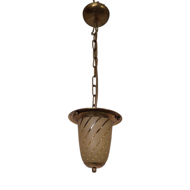 Mid-Century German Ceiling Lamp with Brass Frame, Light Amber-Tinted Glass Shade and Spiral Decoration, 1950s For Sale