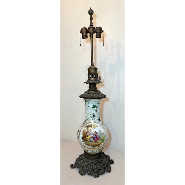 French Huge 1800s Antique Ornate French Hand Painted Porcelain Bronze Kerosine Oil Lamp For Sale - Image 3 of 18