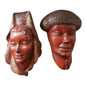 Pair of 1970's Spanish Man & Woman Ceramic Masks by Johnny Sens, New Orleans