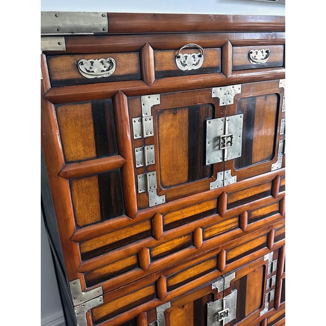 Korean Two-Level Stacking Chests with Mirrored Persimmon Wood Panels For Sale - Image 11 of 12