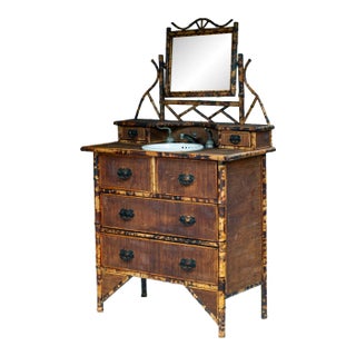 Late 19th Century Antique English Scorched Bamboo/Grasscloth Vanity Dresser For Sale