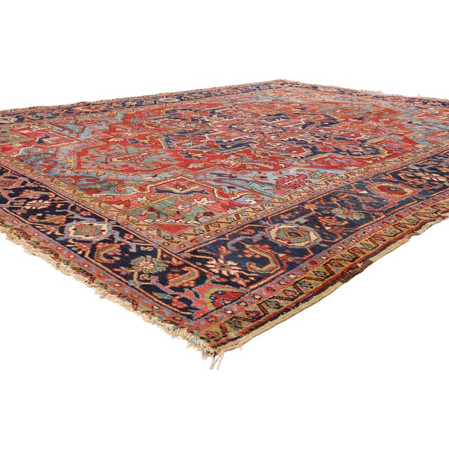 79560 Antique Persian Heriz Rug, 08'10 x 10'10. A Qajar Crown: Late 19th Century Persian Heriz Masterpiece of Refined...