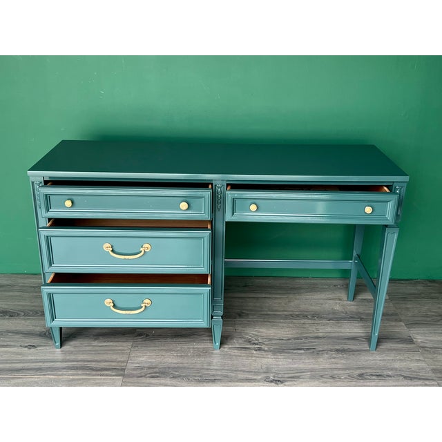 1970s Mid-Century Forrest Green High Gloss Lacquered Desk of Four Drawers For Sale - Image 5 of 11