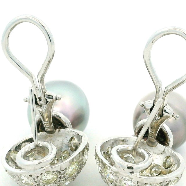 Dark Gray 18k White Gold Diamond & Grey South Sea Pearl Drop Earrings, A Pair For Sale - Image 8 of 9