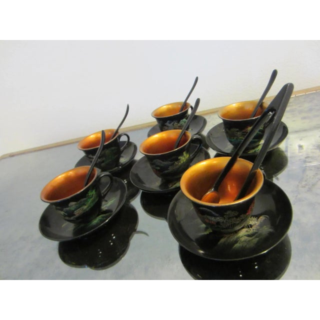 Antique Chinoiserie Black and Gold Hand Painted Lacquer Tea Set- 18 Pieces For Sale - Image 11 of 17