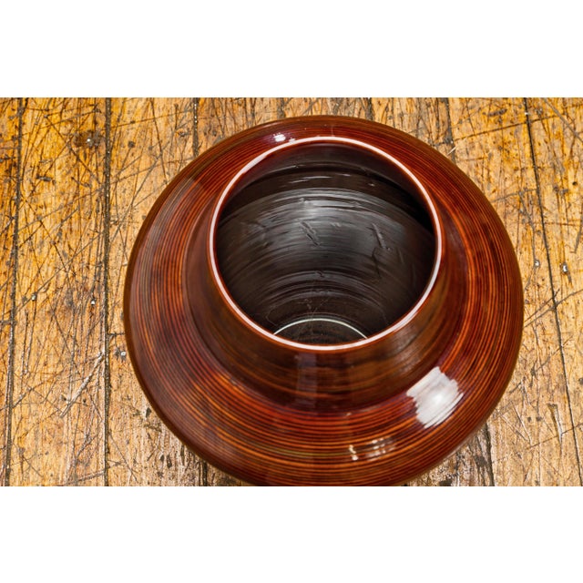 Artisan Brown Glaze Vase with Black Concentric Motifs and Tapering Lines For Sale - Image 4 of 12