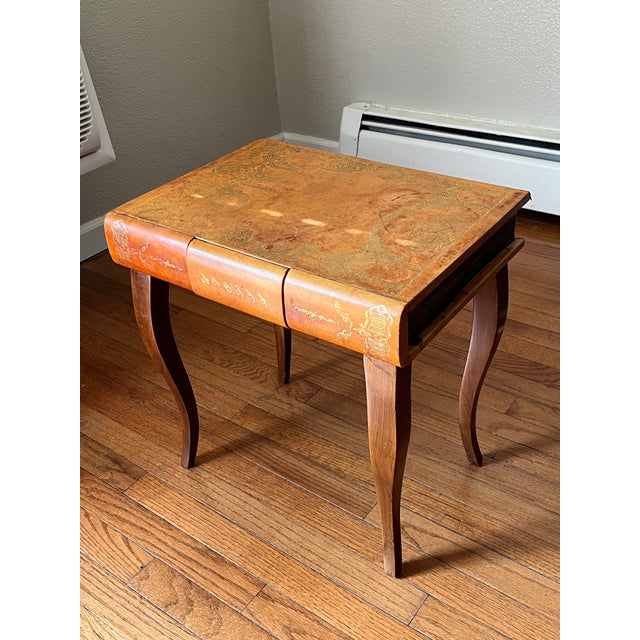 Mid-Century Modern Small Leather Top, Cherry Coffee Table, Louie the XV Revival / Cabriole Legs / Gold Embossed Leather Top, Intricate Gold Marquetry, 1950-60’s For Sale - Image 3 of 12