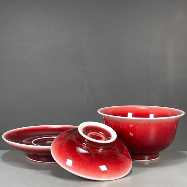 Asian 1990s Langyao Red Porcelain Gaiwan Tea Set, Ox‑Blood Red Glaze Teacup With Lid & Saucer For Sale - Image 3 of 9