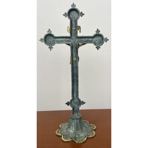 Metal Vintage Style Ornate Religious Cross with Candleholders, Set of 3 For Sale - Image 7 of 15